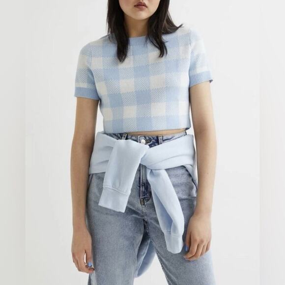H&M Tops - H&M Cropped Plaid Short Sleeve Knit Sweater Top Sz M